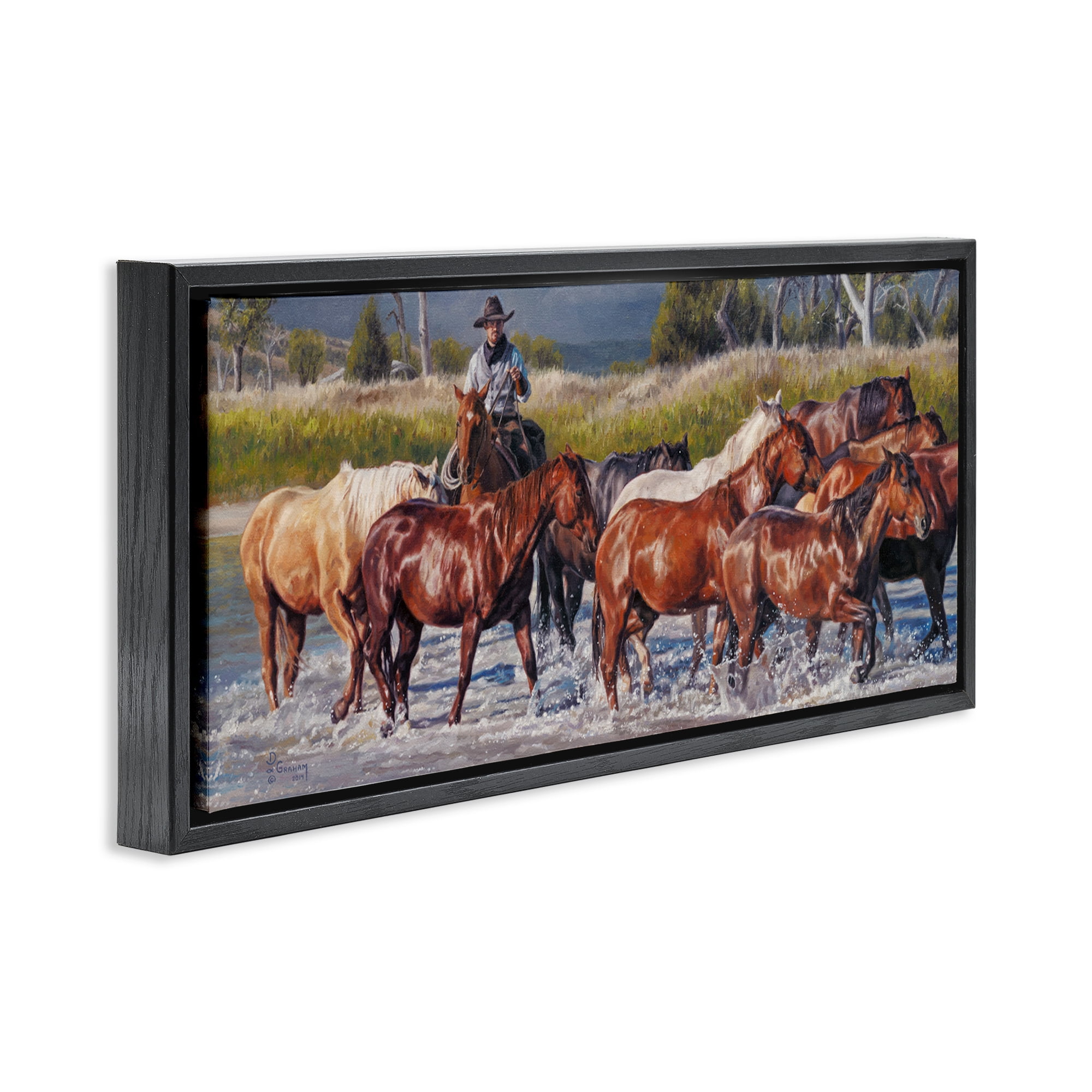 Stupell Industries Crossing The Remuda Animals & Insects Painting Black Floater Framed Canvas Art Print Wall Art, 31 x 14