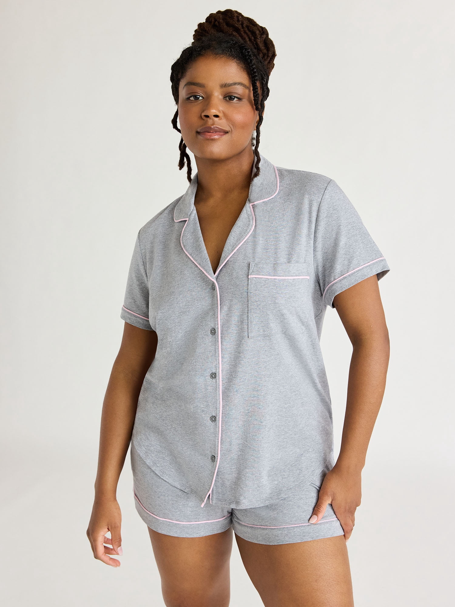 Joyspun Women's Cotton Blend Notch Collar Top and Shorts Pajama Set, 2-Piece, Sizes S to 4X