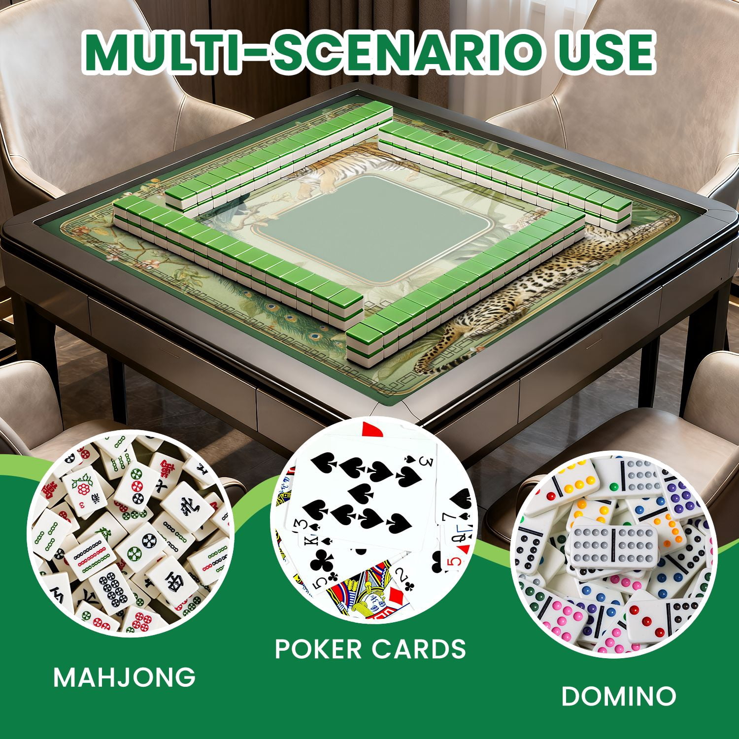 Mahjong Mat 31.5" x 31.5" Jungle Tiger Leopard Peacock Non-Slip Noise Reduction American Mahjong Tiles Table Cover for Dominoes Poker Card Board Games Gift