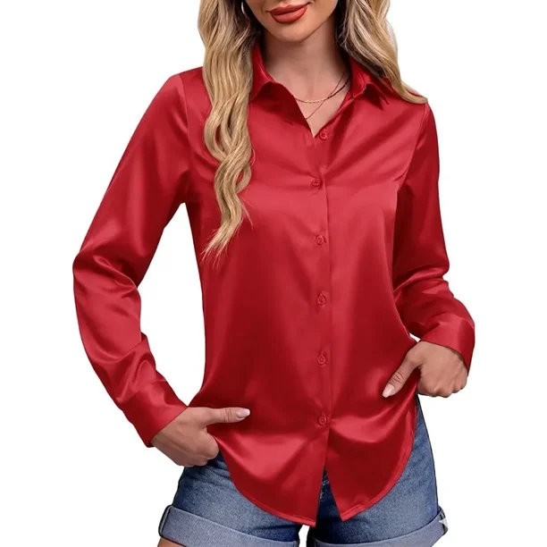 Blusa Moda Casual Holgada Elegante Manga Larga Para Mujer,Rojo,L