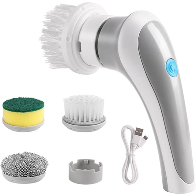 (Gray) Handheld electric spin scrubber, 3 replaceable brush heads