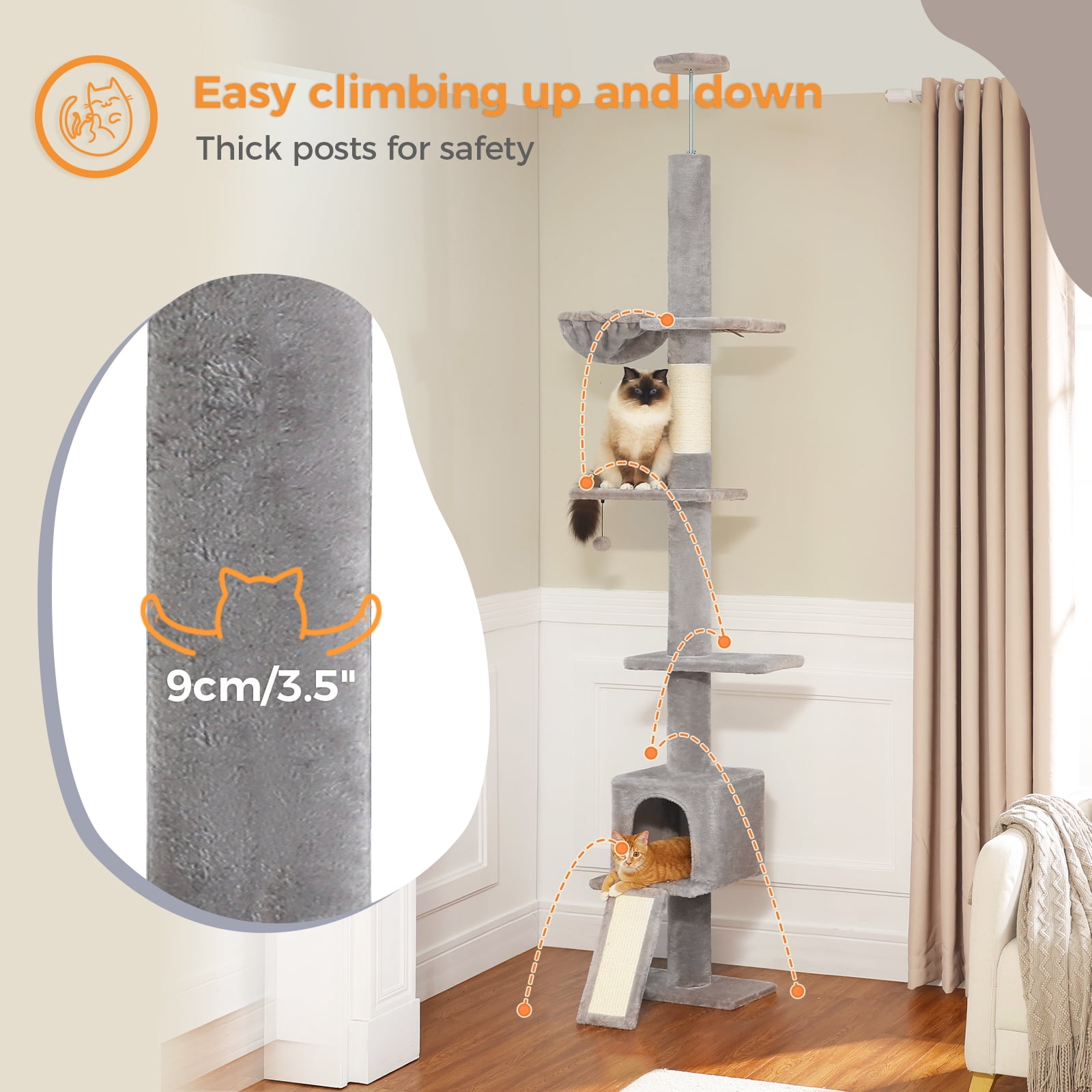 Pefilos 5 Tiers Cat Tree Floor to Ceiling, Adjustable Height (83"-108") Climbing Cat Tower for Indoor Cats with Condo, Scratching Post, Gray