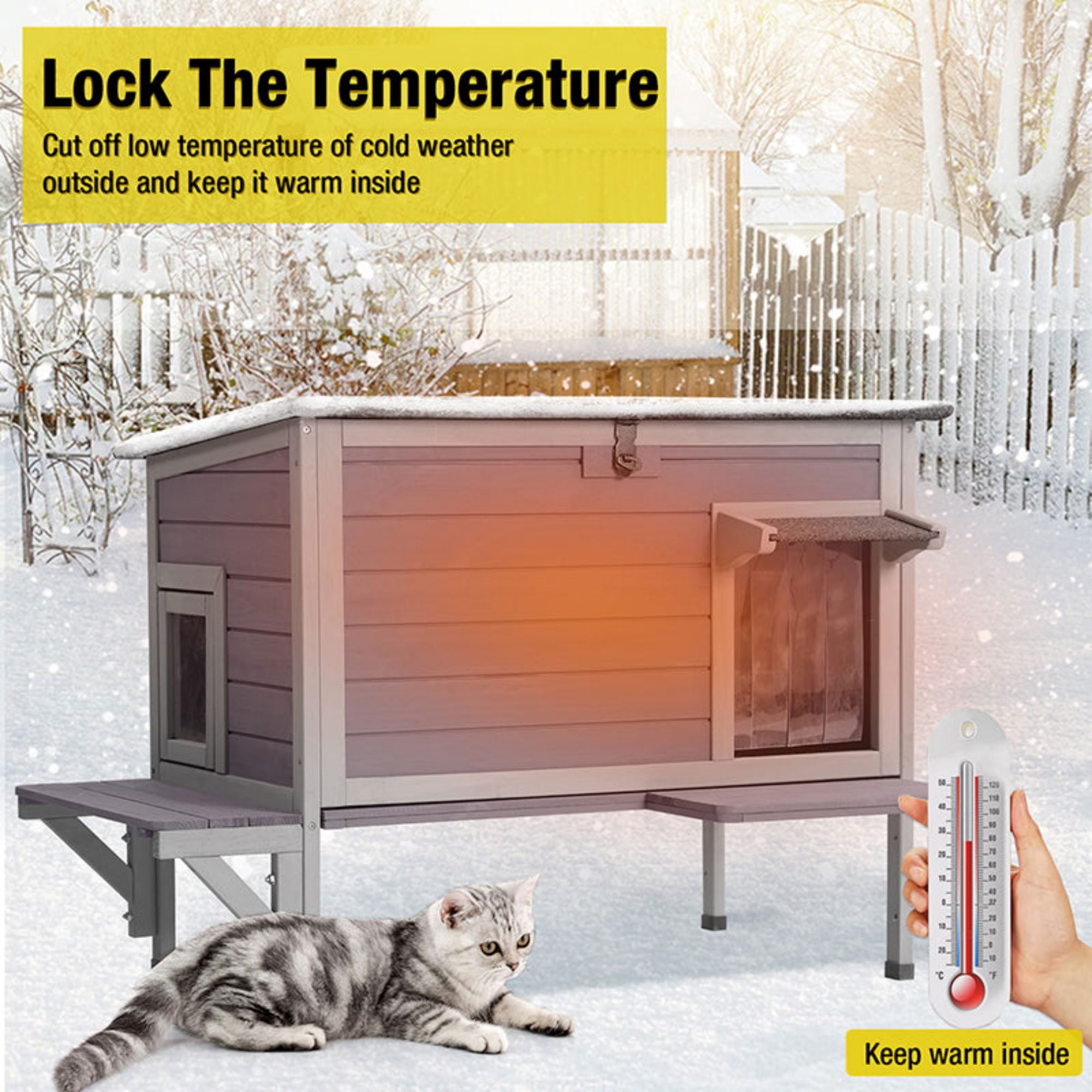 Aivituvin Outdoor Cat House Weatherproof with Insulated Liner, Feral Cat Enclosure Grey Color
