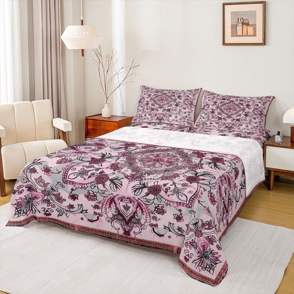 Homewish Bohemian Mandala 3pcs Twin Sheet Sets For Female Teens Girls,Traditional Floral Flower Twin Fitted Sheet,Retro Vintage Breathable Flat Sheet,Breathable Home Decor