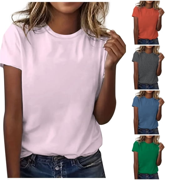 Tanghaowl Womens T Shirts, Women's Classic Versatile Daily Short Sleeved Solid Color Casual Round Neck Shirt Light Pink L