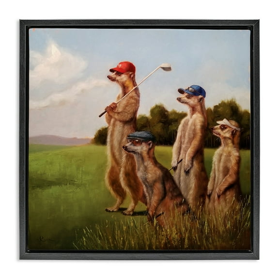 Stupell Industries Meerkats Playing Golf Animals & Insects Painting Black Floater Framed Canvas Art Print Wall Art, 18 x 18
