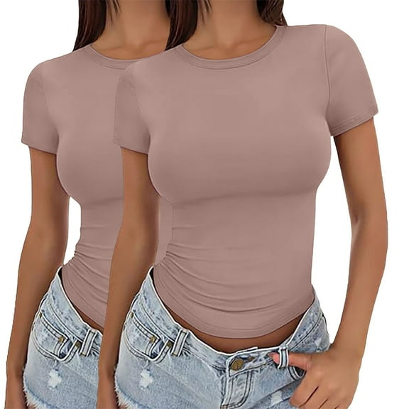 Womens Summer Tops Crop T Shirt Girls Summer Pullover Top Women's Thin Round Neck Fashion Short Sleeves Shirts for Women