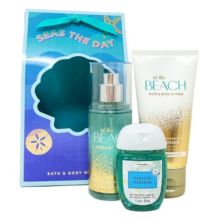 Bath and Body Works AT THE BEACH Seas The Day Travel Size Gift Bag Set - Fragrance Mist - Body Cream - Endless Weekend Hand Gel