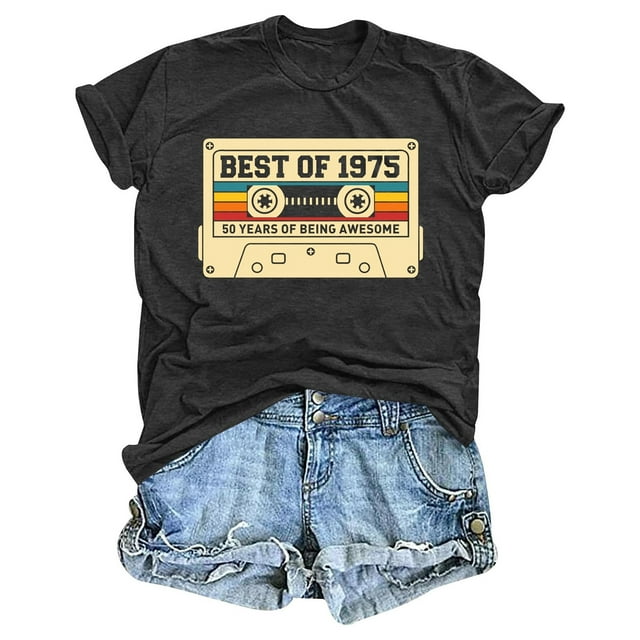 T-shirt Commémoratif à Imprimé Floral 1975 pour Femmes, Col Rond Décontracté, Manches Courtes, Haut pour Fête d'Anniversaire