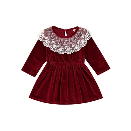 

Calsunbaby Christmas Little Girls Casual Long Sleeve Velvet Dress Fashion Solid Color Lace Trim Round Neck A-line Princess Dress