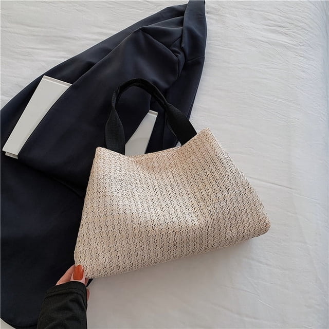 Nvzi Bolso de hombro tejido, bolso de mano tejido y bolso de cosméticos, bolso de mano tejido elegante para playa de verano, 12,59 x 2,75 x 8,26 pulgadas, blanco y negro