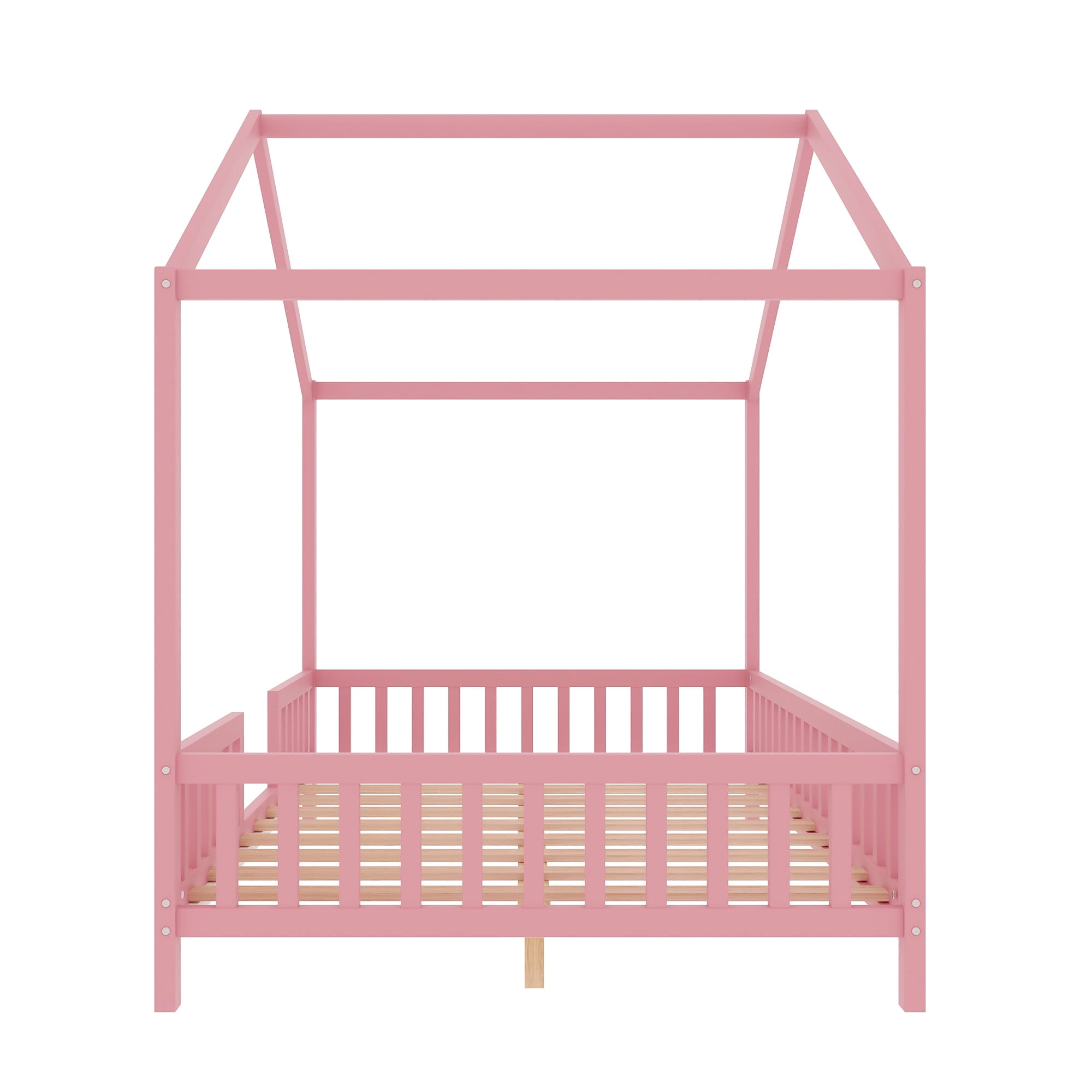 MODERNLUXE Full Size Montessori Floor Bed with Canopy,House Bed Frame with High Railings and Roof,Wood Tent Bed for Teens Girls & Boys,Pink