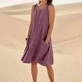 thumbnail image 3 of Vestido de verano para mujer hasta la rodilla, sin mangas, de color liso, con bolsillos, mezcla de lino, para llevar en la playa., 3 of 8
