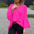 thumbnail image 4 of Women's Plus Size Cotton Linen Tunic, Long Sleeve V Neck Blouse with Flare Sleeve, Solid Color Loose Fit Top for Spring Summer Beach Casual Wear and Vacation Outfits Hot Pink M, 4 of 7