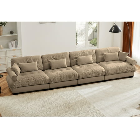 Super Comfort Oversized Modular Velvet Sectional Sofa Couch Corner Sectional with Bolstered Armrests Deep Seat Cloud Couch Four - Seater Couch for Living Room (Camel)
