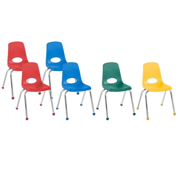 Factory Direct Partners 10369-AS Chaise Empilable d'École de 16 Pouces, Chaises Empilables pour Étudiants avec Pattes en Acier Chromé et Patins à Bille - Couleurs Assorties (Lot de 6)