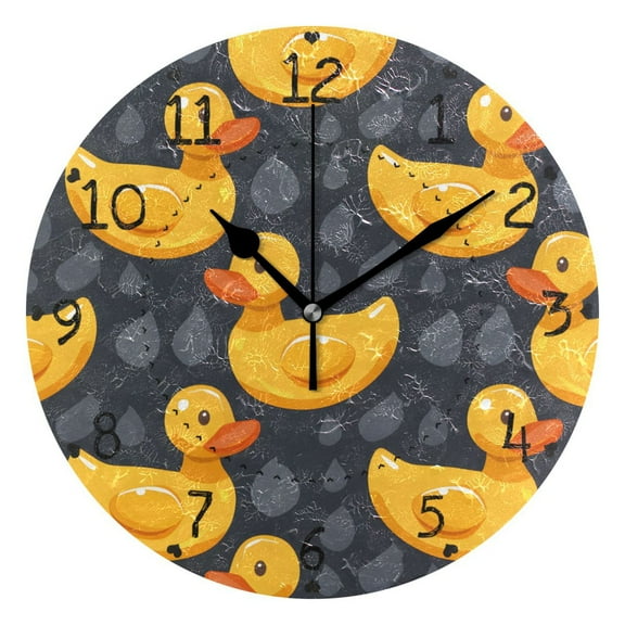 Cute Rubber Yellow Ducks Round Wall Clock Silent Analog Battery Operated Black Pointer Home Decor 9.84" Diameter