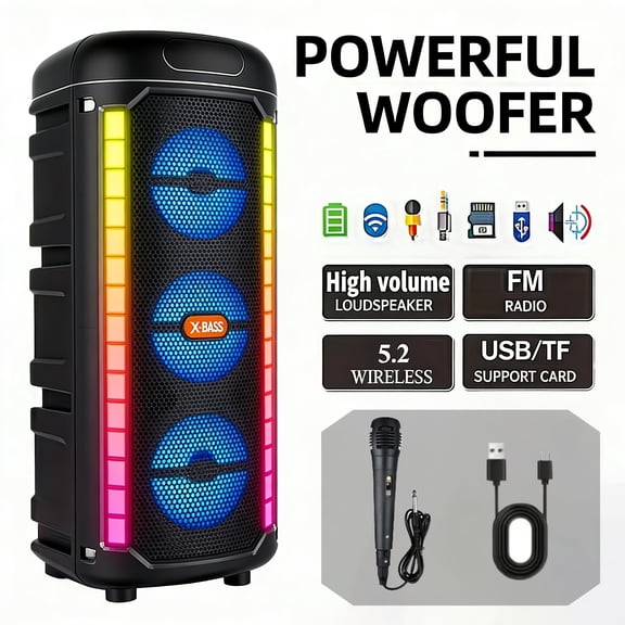 Bluetooth Outdoor Speaker with Triple Subwoofers, Heavy Bass, LED Lights, Microphone, Wireless Stereo Sound for Home, Parties, and Travel