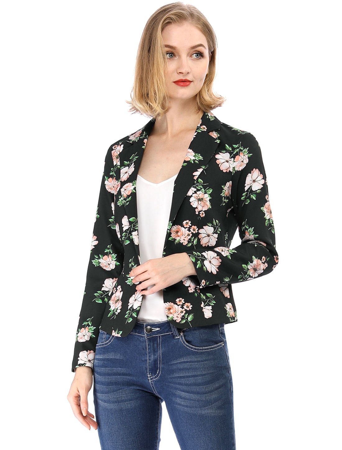 DARING DIVA Women's Elegant Notched Lapel Floral Print Blazer 2XL Black-Floral