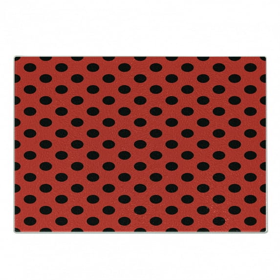 Polka Dots Cutting Board, Retro Vintage Pop Art Theme Old 60s 50s Rocker Inspired Bold Image Oval Shapes, Decorative Tempered Glass Cutting and Serving Board, Small Size, Scarlet, by Ambesonne