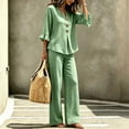 thumbnail image 6 of Gingham 2 Piece Set for Women Ruffle 3/4 Sleeve Notch Neck Top and Wide Leg Pants with Pockets Green 2XL, 6 of 7
