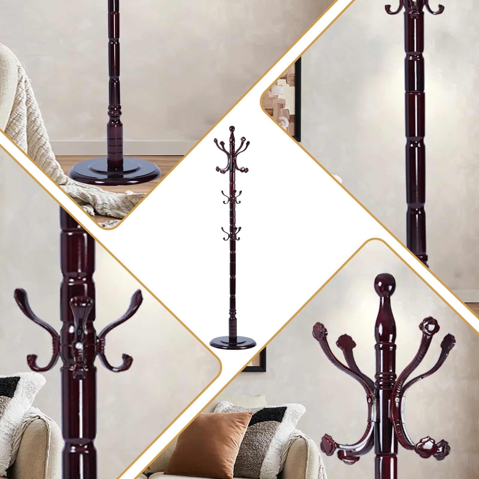Freestanding Wooden Coat Rack, Natural Birch Wood Coat Tree with 14 Hooks, Sturdy Hall Tree for Entryway & Office