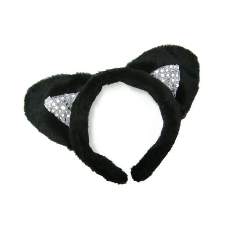 SeasonsTrading Black Plush Sequin Cat Ears Headband Costume