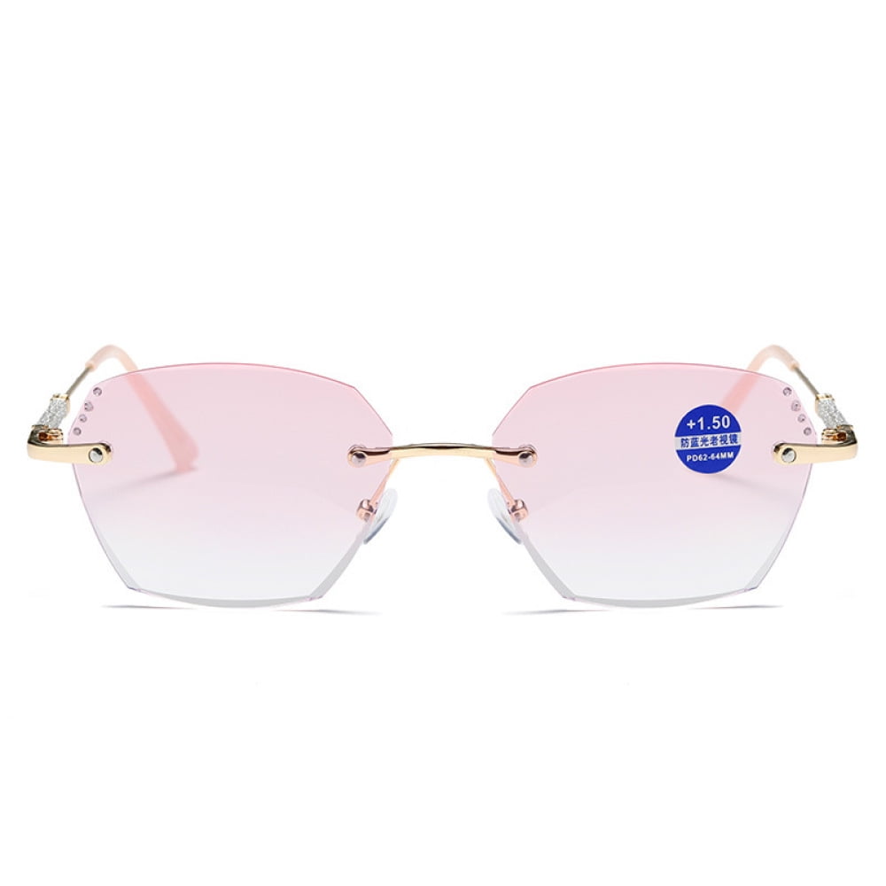 2 Pairs of New Rimless Diamond Trimming Gold Anti-Blue Light Reading Glasses Fashion Metal Gradient Pink Sunglasses Readers +1.00