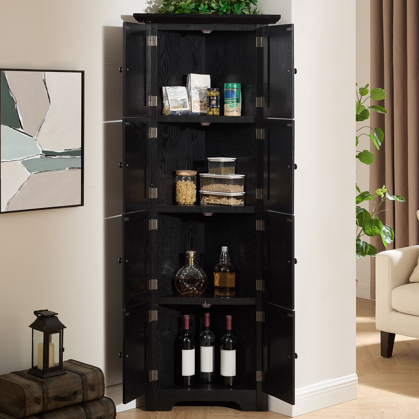 YIYADO Storage Cabinet, 4 Shelf 72" Corner Kitchen Pantry Storage Cabinet with 8 Doors, Home Farmhouse Bookshelf Cabinet, Black