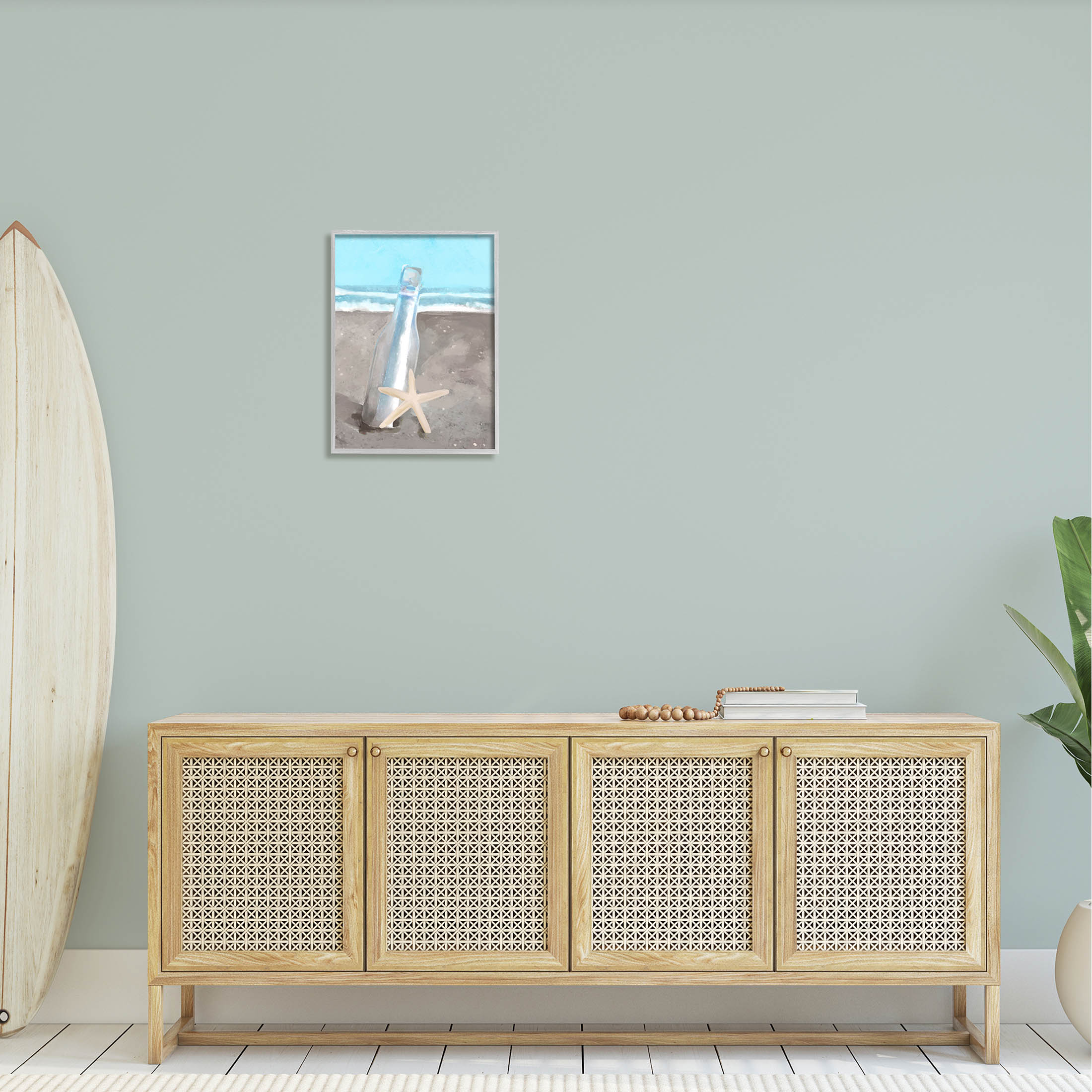 Message Bottle Beach Shore Coastal Graphic Art Gray Framed Art Print Wall Art