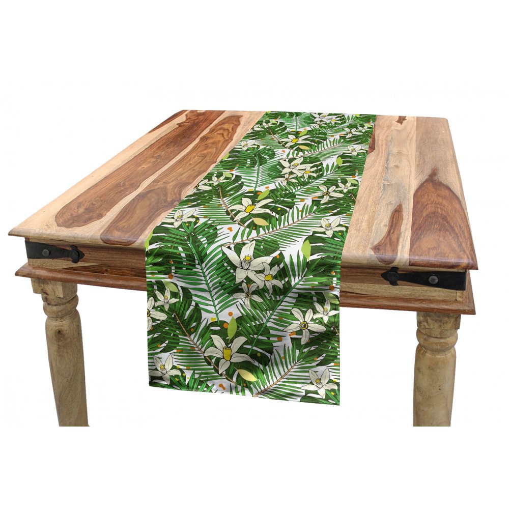 Tropical Table Runner, Composition of Flowers and Fern Leaves Exotic