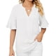 thumbnail image 1 of Camiseta con cuello en V para mujer, mangas con volantes, ajuste holgado, color puro, informal, Top de verano para uso diario, blanco XXL, 1 of 6