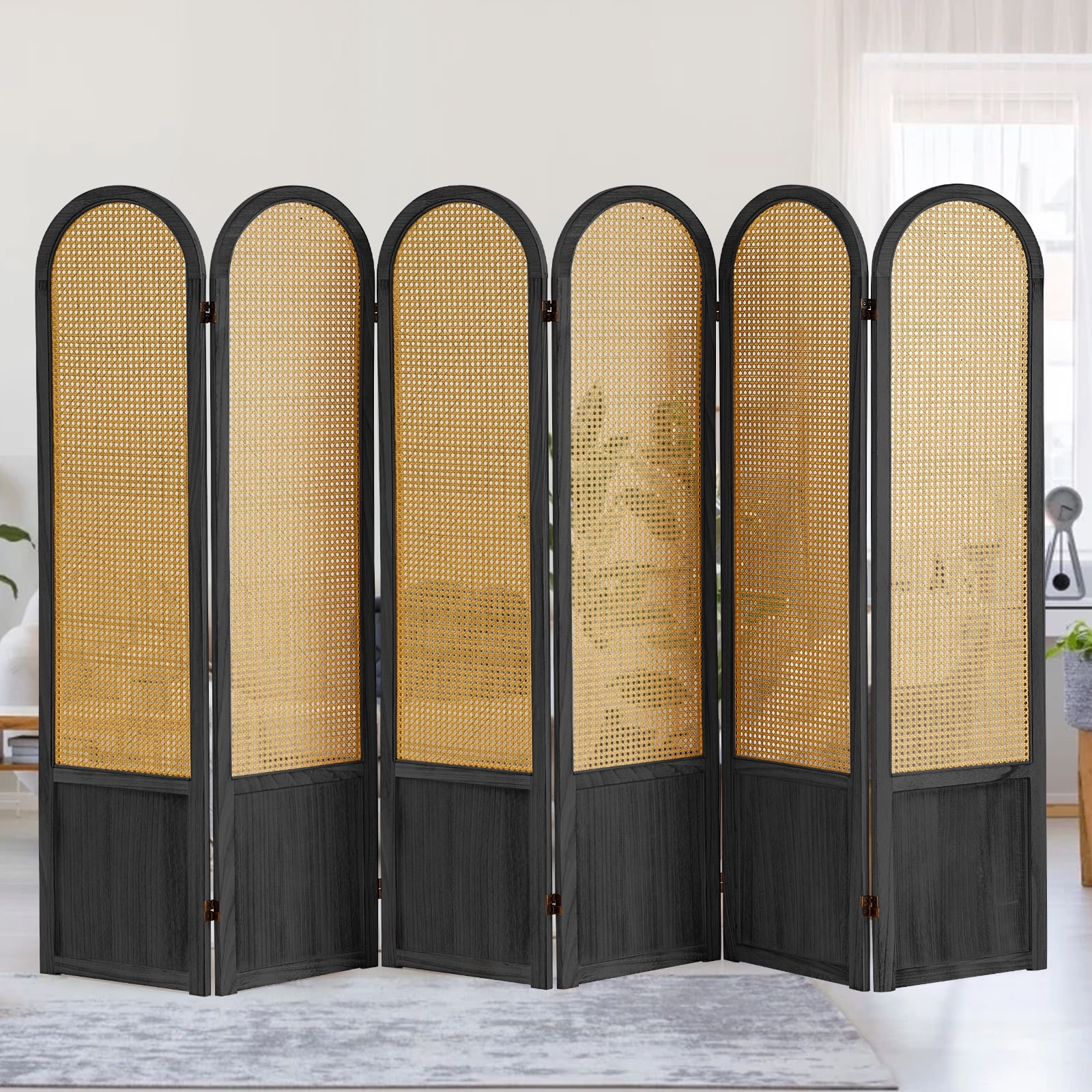 Aletheiawu 6 Panel Rattan Room Divider and Folding Privacy Screens, No Installation Required, Black