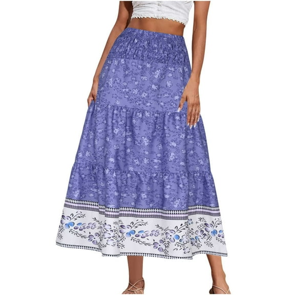Summer Boho Skirts for Women Plus Size Elastic High Waisted Casual Daily Full Long Skirts Sundresses for Women Beach Fashion Dark Blue XXXL