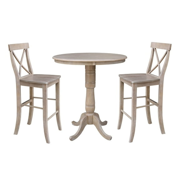 3-piece Solid Wood Bar Height Dining Set with 36'' Round Pedestal Table and 2 Cross Back Stools in Weathered Grey by International Concepts