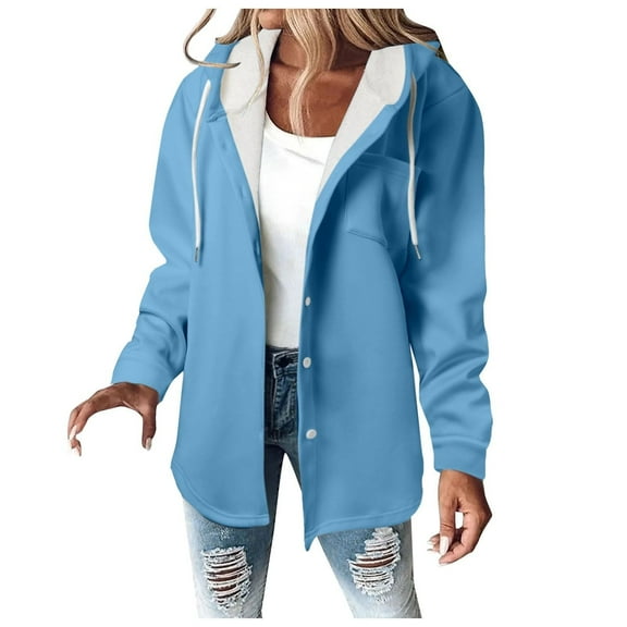 Hueook Coats Women Puffer Jacket with Hood Thicken Women's Solid Color Long-sleeved Long-sleeved Hooded Casual Coat Sky Blue L