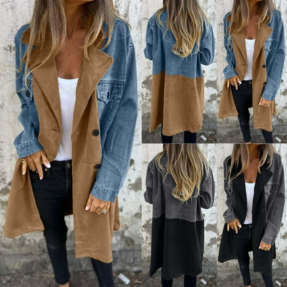 Swuxness Women's Long Sleeve Casual Jacket Long Denim Trench Coat Hoodless Comfortable Outerwear