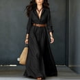 thumbnail image 2 of Women's Collared Button Front Shirt Maxi Dress, Long Sleeve Waist Tie Belted Dress, Casual Commuter Vacation Flowy Long Dress for Summer Outfits Black L(L), 2 of 8