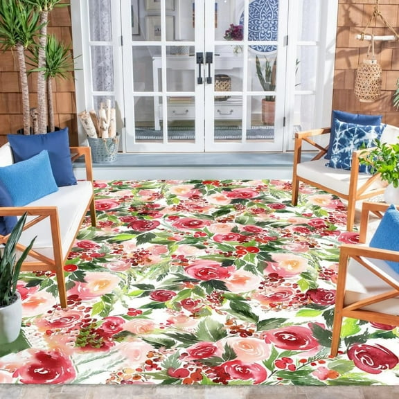 Contemporary Modern Outdoor Patio Rug With Flower Leaves Texture Graceful Washable Waterproof Outside Area Rug For Balcony Deck Garden Porch Camping Carpet Pink Green 2x3ft