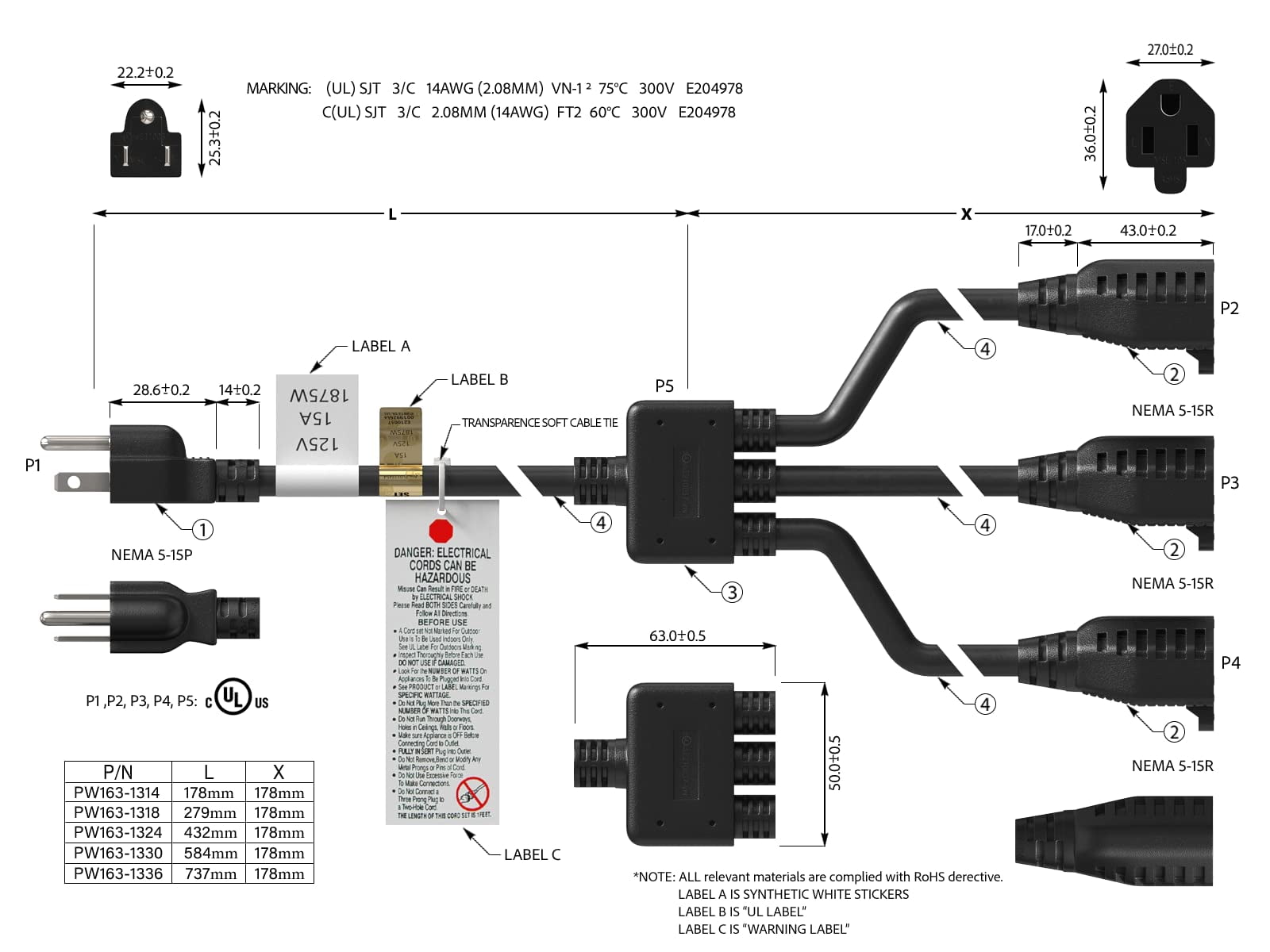 Cable Leader 36in 1 NEMA 5-15P to 3 NEMA 5-15R Power Extension Cord Splitter Cable 14 AWG