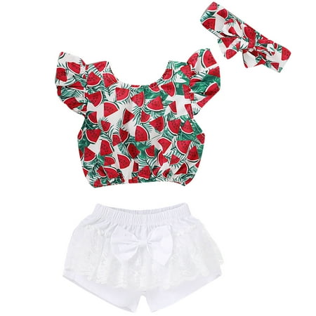 

AIMAOMI Baby Girl Ruffle Fruit T shirt Tops Bowknot Shorts Outfits Set H