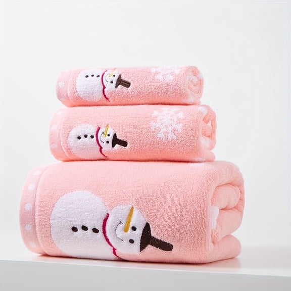 3pcs Embroidered Snowman Christmas Bath Towel Set 100% Cotton Material 1 Bath Towel + 1 Hand Towel + 1 Washcloth Soft, Quick-Drying, Highly Absorbent Ideal for Family Bathrooms