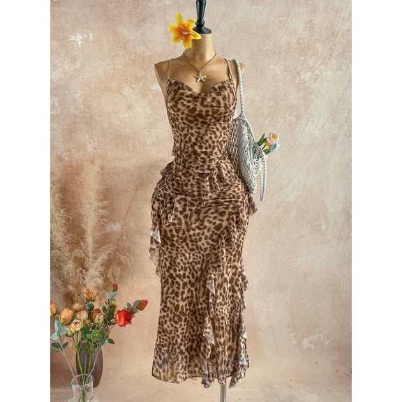Women's Leopard Print Draped Neck Layered Ruffle Hem Maxi Dress, Vacation Elegant Party Dress