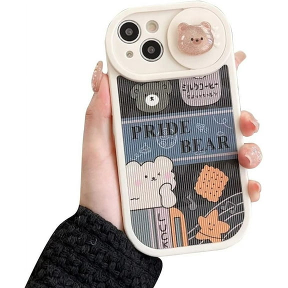 Compatible with iPhone Case,Cute Kawaii 3D Bear Slide Camera Lens Protection Soft Shockproof Cover Phone Case for Women Girls (Black,iPhone 14 Plus)