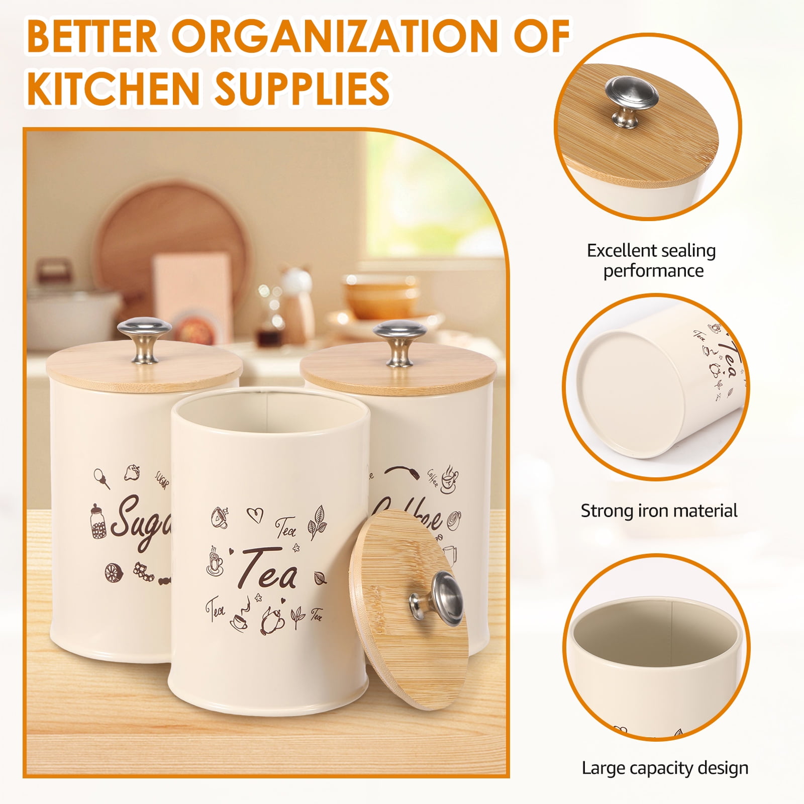 FUYGRCJ 3PCS Food Storage Canisters with Bamboo Lid, Airtight Iron Tea Sugar Coffee Canisters, Versatile Tea Coffee Sugar Canister Set, Smooth Coffee Tea Sugar Container Set for Coffee Sugar Tea