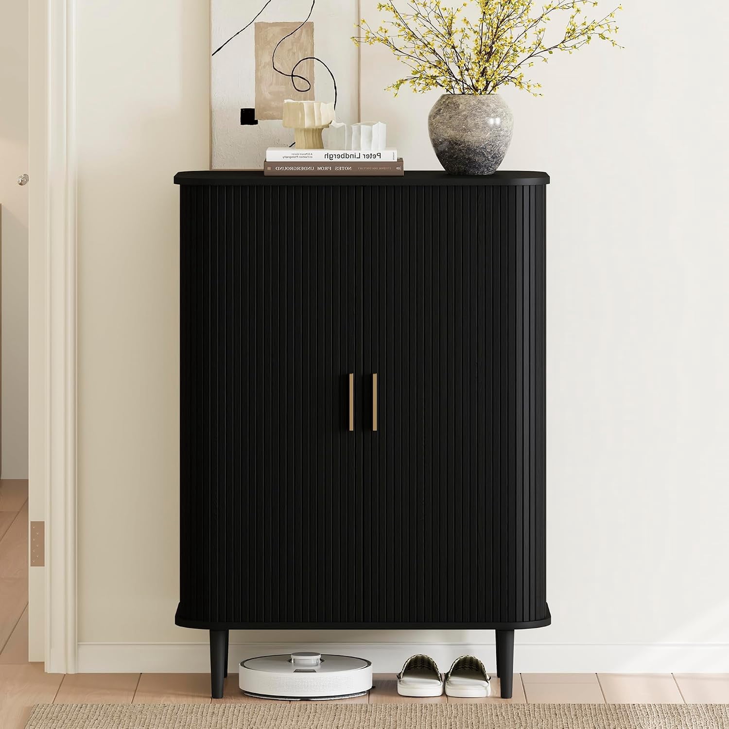 31.5 " Shoe Storage Cabinet with Sliding Door, 6-Tier Adjustable Freestanding Shoe Organizer for Entryway, Hallway, Black