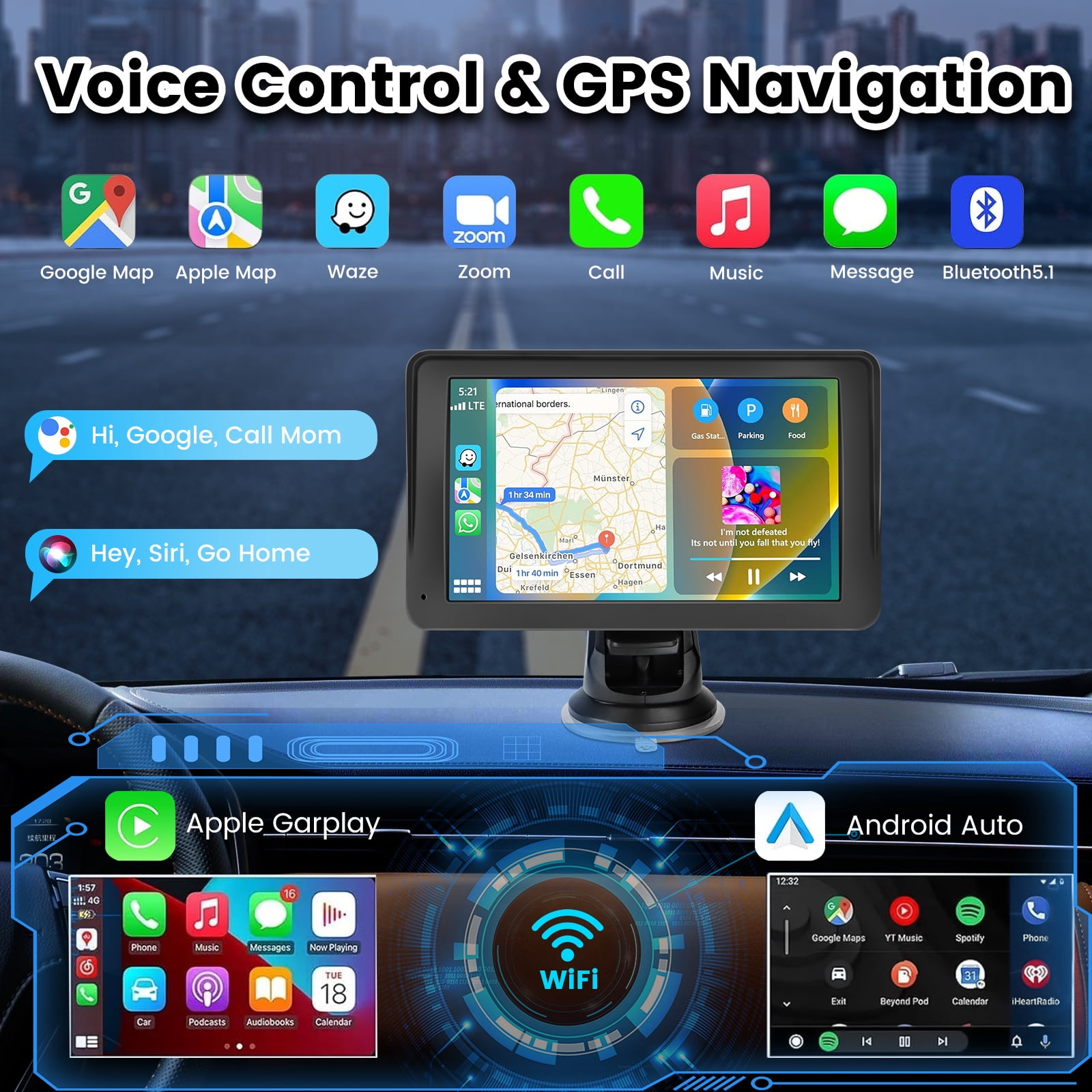 Portable Car Stereo Wireless Carplay Android Auto,7 Inch Touch Screen Car Radio with Bluetooth Hands-Free/Mirror Link/Maps Navigation/Voice Control/TF Card/AUX,for Cars, Trucks, SUVs