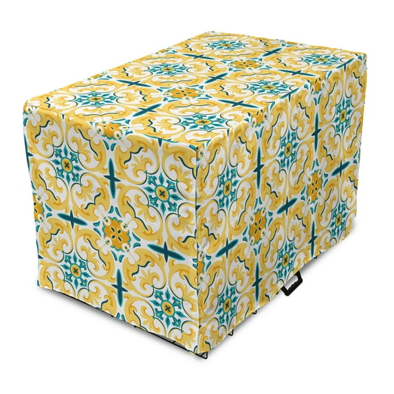 Victorian Dog Crate Cover, Swirling Botanical Inspired Motif Repetition, Easy to Use Pet Kennel Cover Small Dogs Puppies Kittens, 7 Sizes, Mustard Multicolor, by Ambesonne