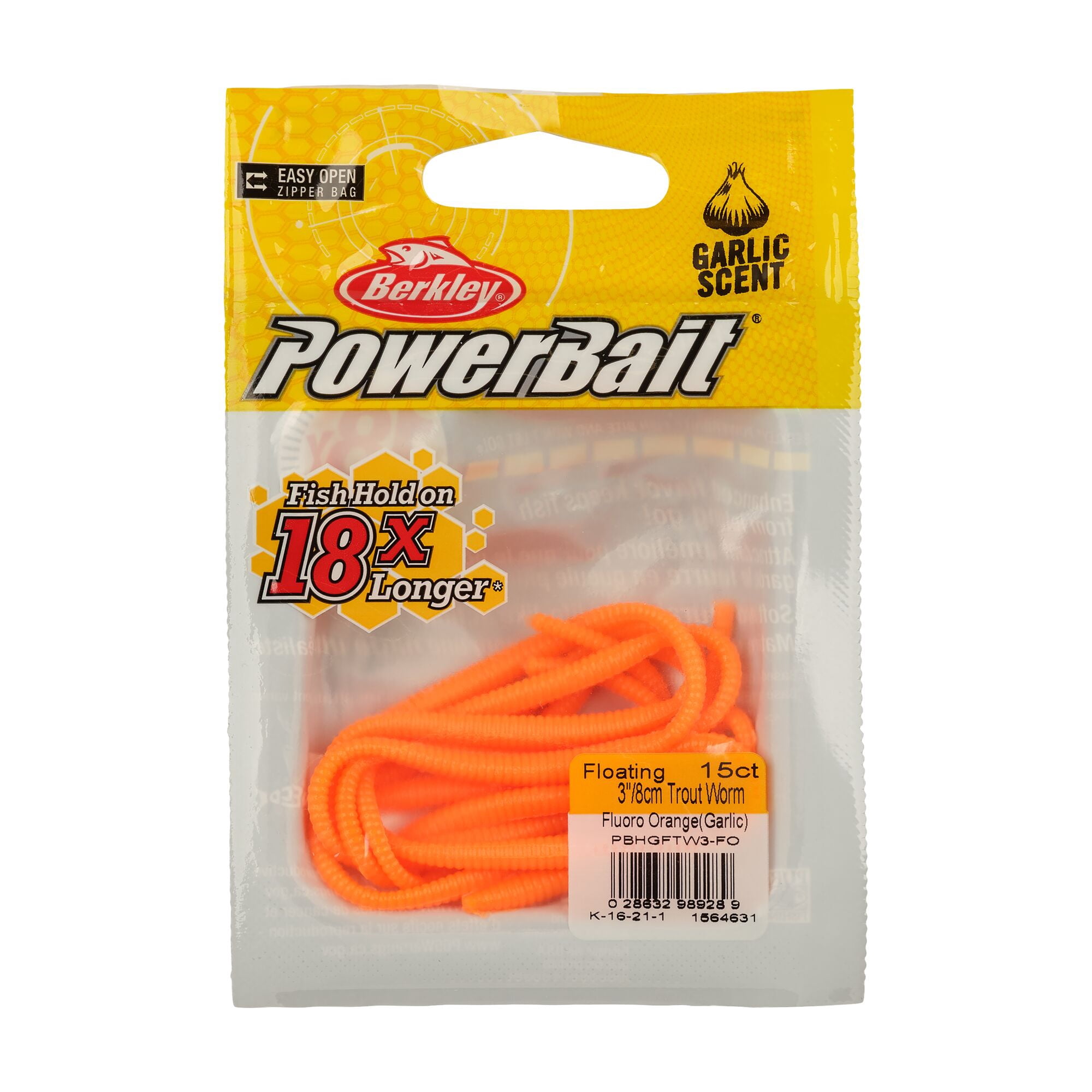 (2 pack) Berkley PowerBait® Power® Floating Trout Worm, 3 in, Worms, Fluorescent Orange (15 Count)