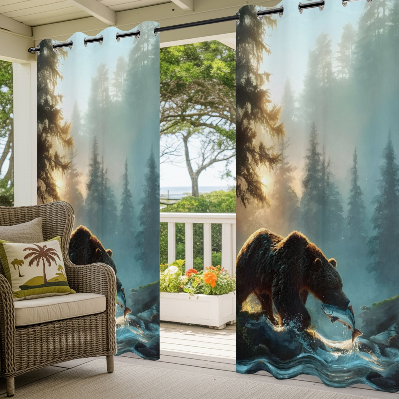 Bear Fishing Outdoor Curtains for Patio, Forest Stream Animals Sunshade Privacy Drapes Grommet Waterproof Outside Curtains for Porch/Cabana/Balcony 54"x 108", 1 Panel